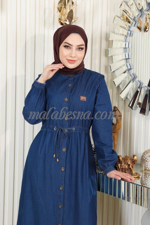 Dark blue jeans dress with internal belt and infront buttons