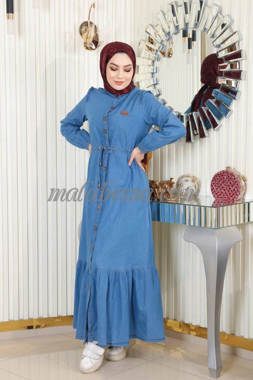 Light blue jeans dress with internal belt and infront buttons