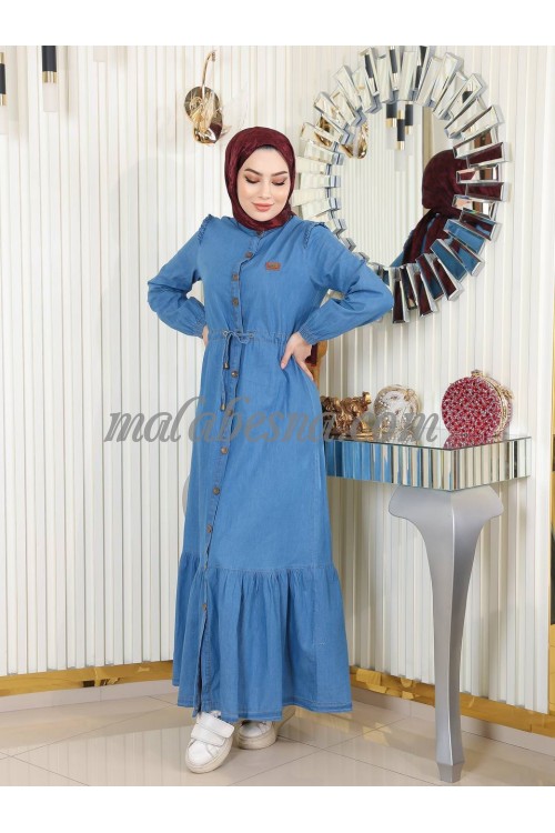 Light blue jeans dress with internal belt and infront buttons