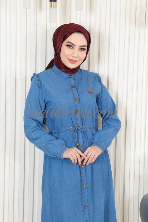 Light blue jeans dress with internal belt and infront buttons