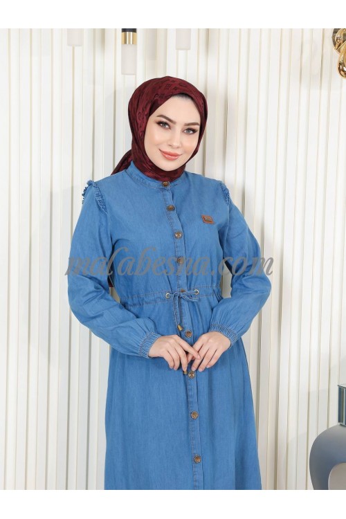 Light blue jeans dress with internal belt and infront buttons