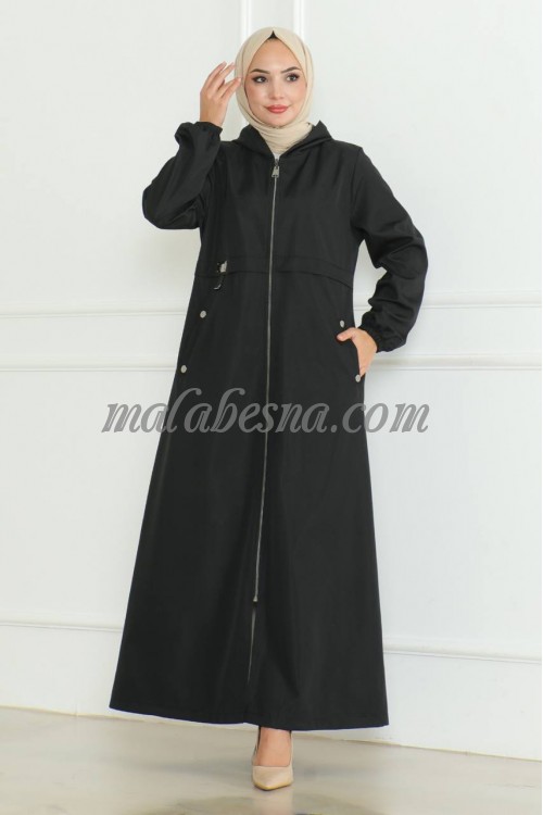 Black winter long abaya with zipper and hat