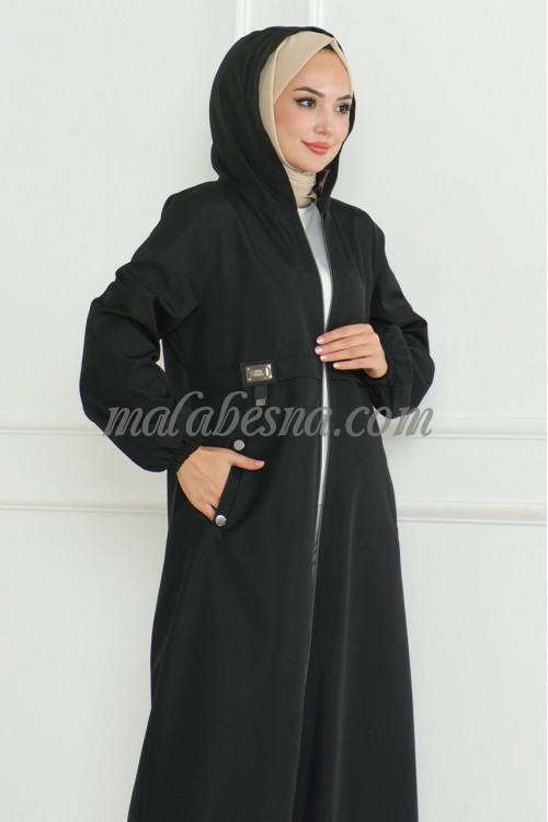 Black winter long abaya with zipper and hat