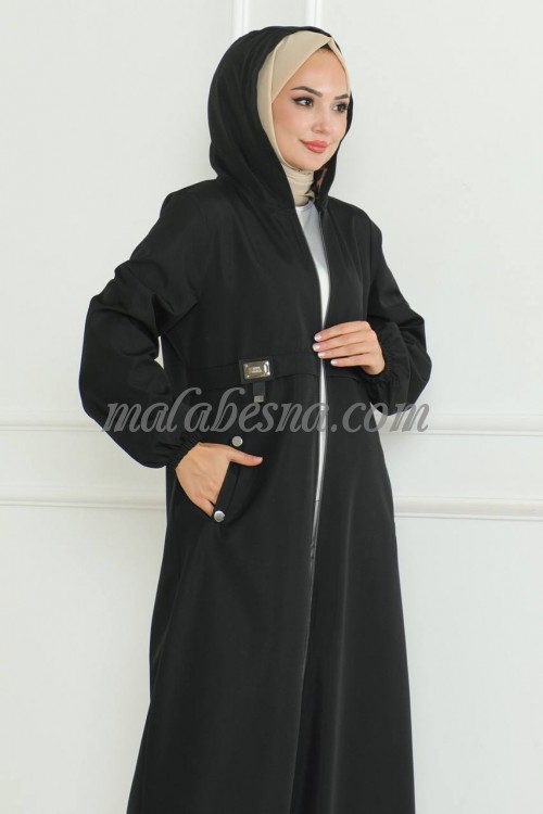 Black winter long abaya with zipper and hat