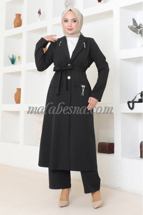 2 Pieces Black formal suit with long jacket and pants with belt