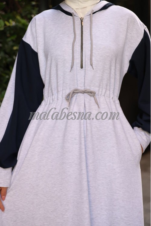 Gray cotton dress with internal belt and dark blue color on the sleeves with hat