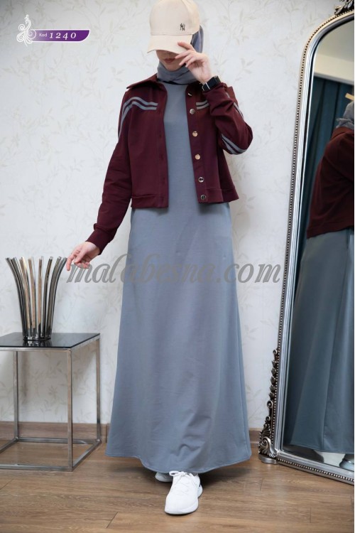 2 Pieces  gray sporty abaya with burgundy short jacket