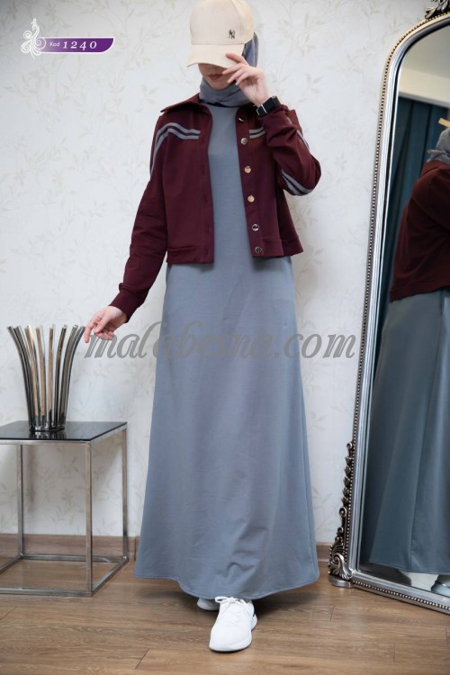 2 Pieces  gray sporty abaya with burgundy short jacket