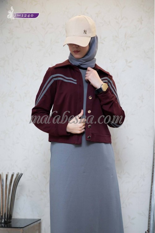 2 Pieces  gray sporty abaya with burgundy short jacket