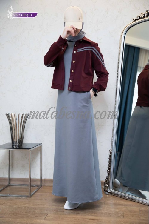 2 Pieces  gray sporty abaya with burgundy short jacket