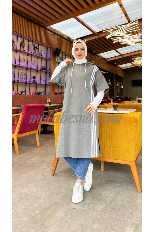 Gray long blouse with white lines and attached white blouse with hat