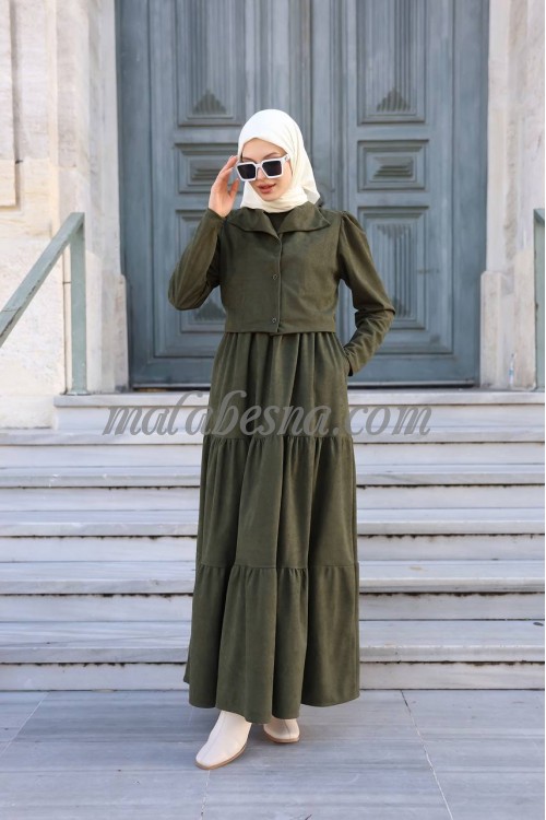 Green winter layers dress with short jacket