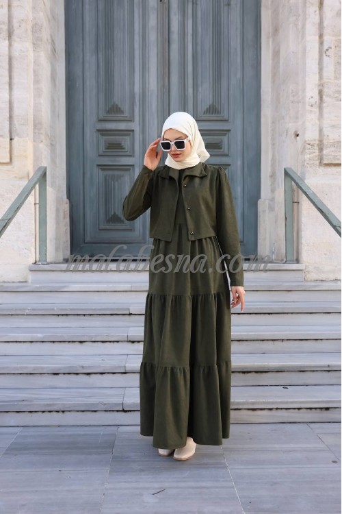 Green winter layers dress with short jacket