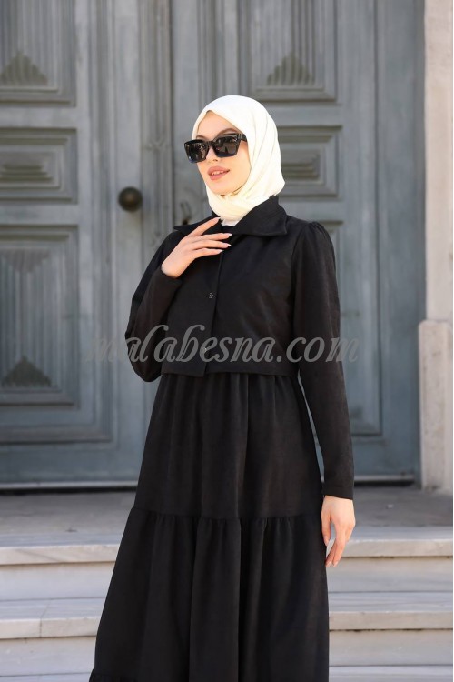 Black winter layers dress with short jacket