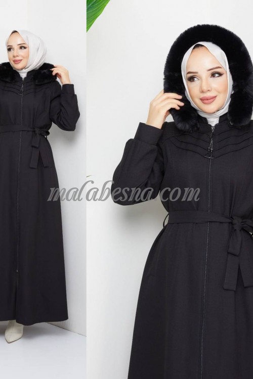 Black winter abaya with hat and belt