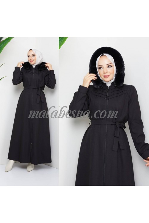 Black winter abaya with hat and belt