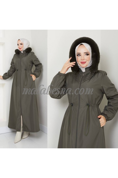 Green winter rainy padded long jacket with internal belt with and hat