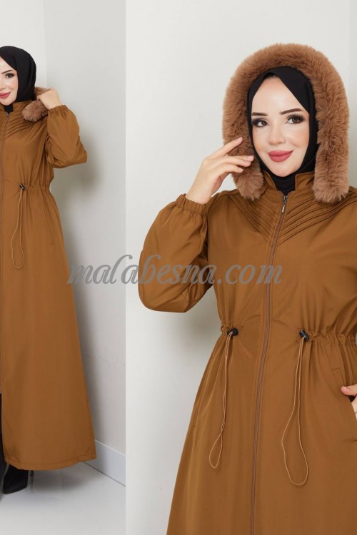 Brown  winter rainy padded long jacket with internal belt with and hat