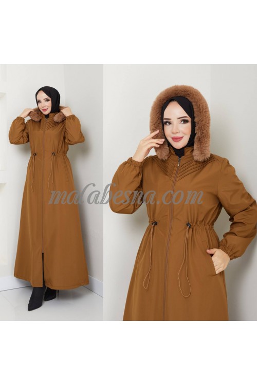 Brown  winter rainy padded long jacket with internal belt with and hat