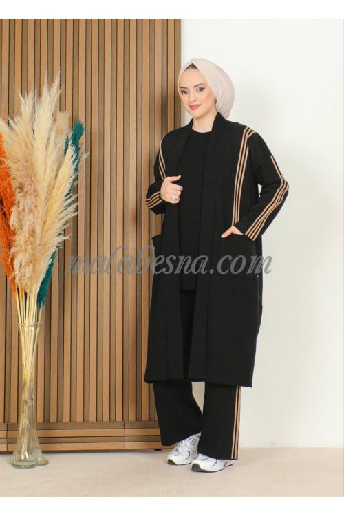 3 Pieces Black triko suit with 2 beig lines