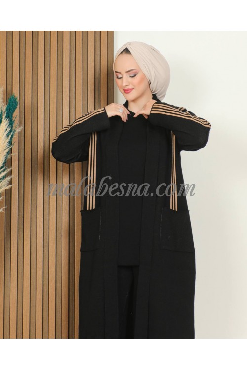 3 Pieces Black triko suit with 2 beig lines