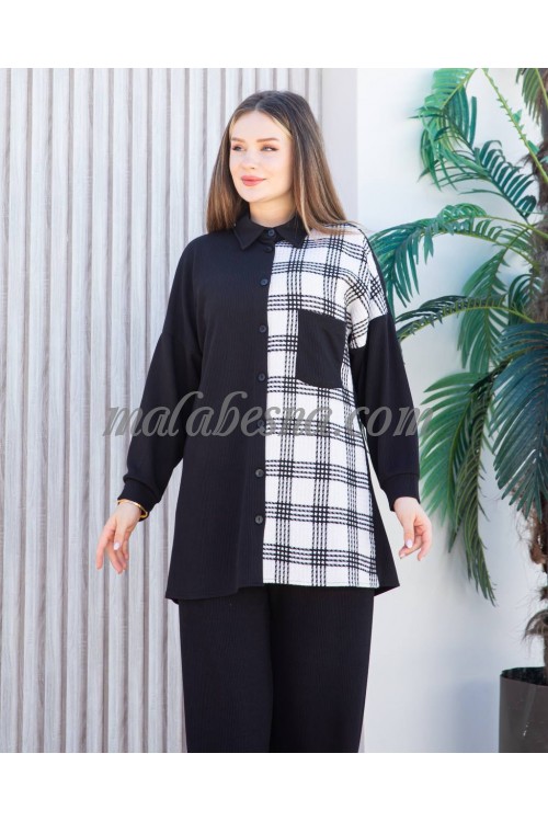 Black winter suit with white and black pattern on the shirt