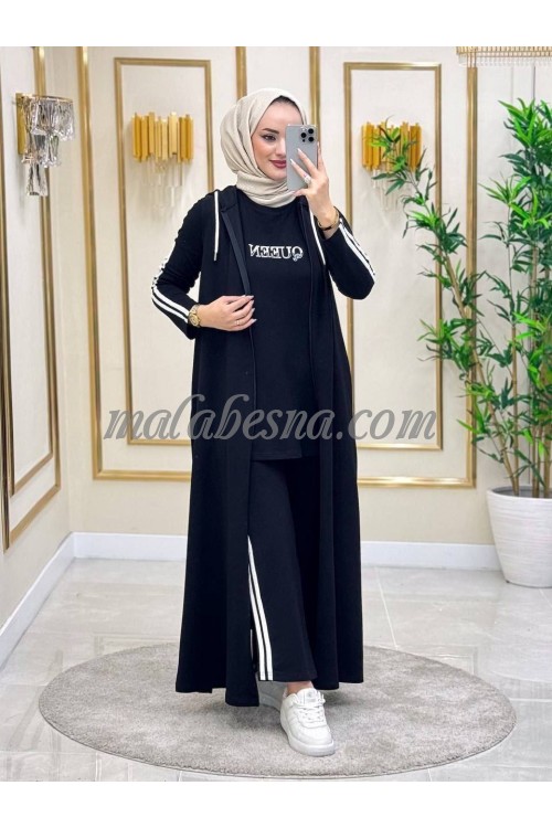 3 Pieces Black suit with white lines and long cardigan