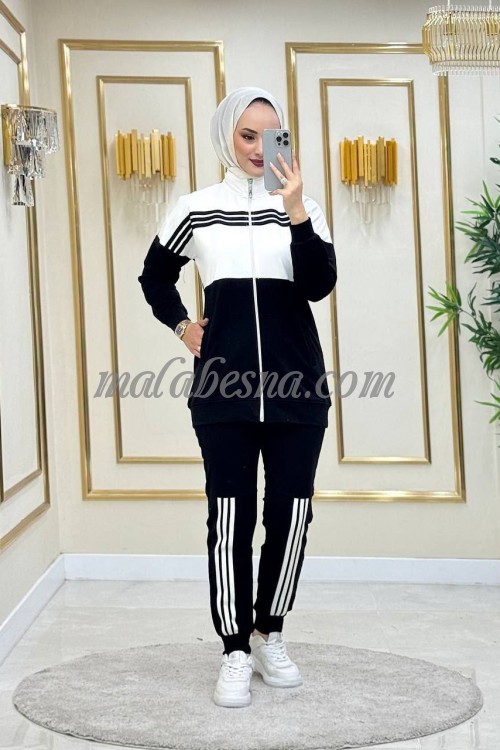 2 Pieces black and white suit with black and white lines on the jacket and pants