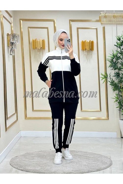 2 Pieces black and white suit with black and white lines on the jacket and pants