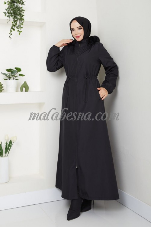 Black winter abaya with fur from inside with inlined belt and pockets with hat