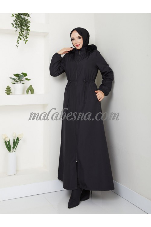 Black winter abaya with fur from inside with inlined belt and pockets with hat