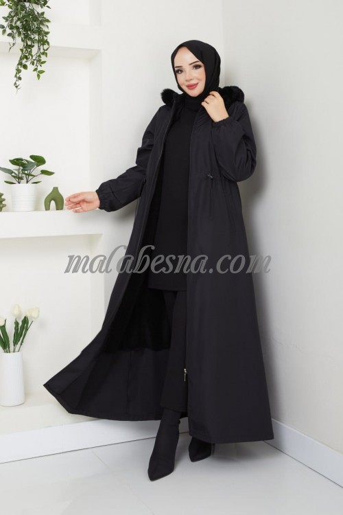 Black winter abaya with fur from inside with inlined belt and pockets with hat