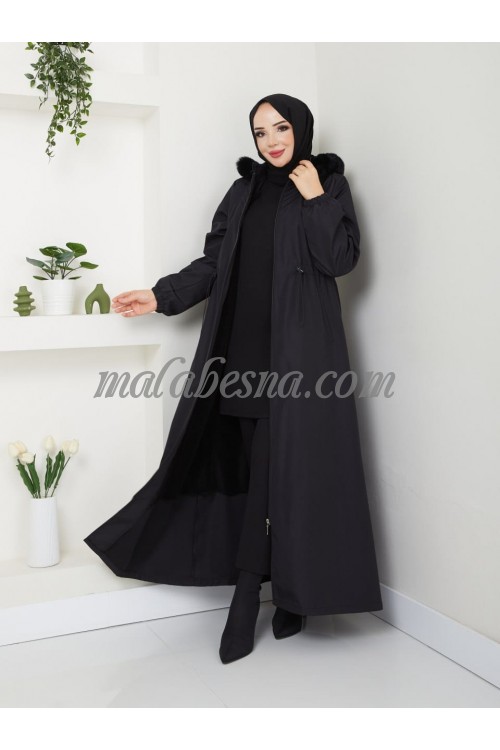 Black winter abaya with fur from inside with inlined belt and pockets with hat