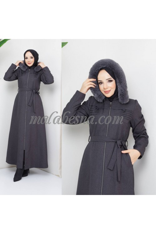 Gray winter abaya with belt and zipper with hat