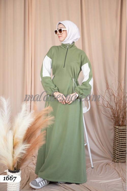 Green winter cotton abaya with inlined belt