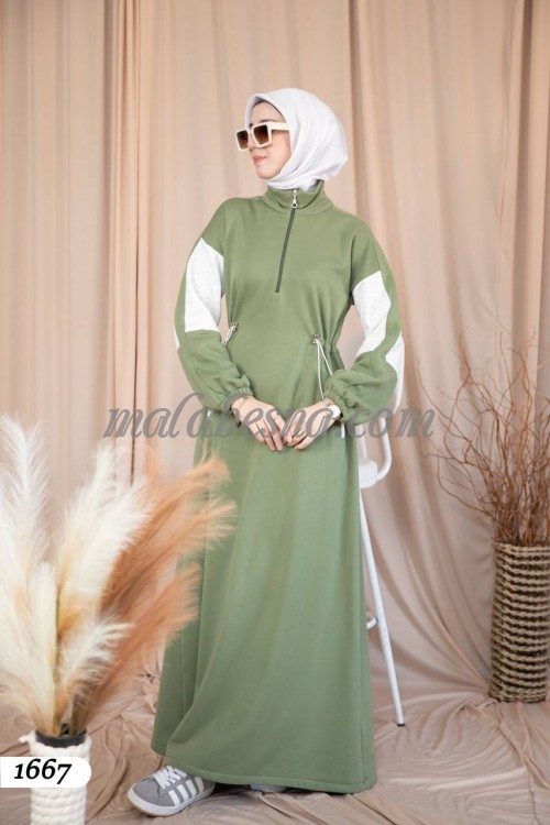 Green winter cotton abaya with inlined belt