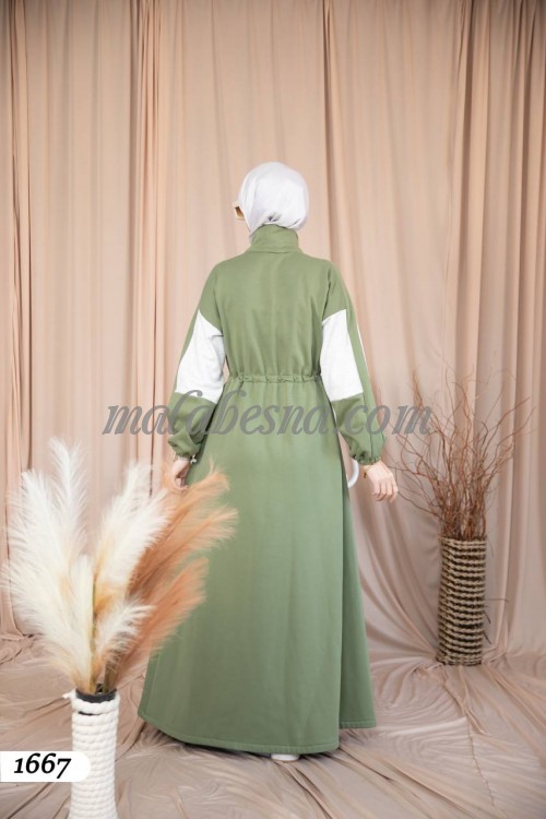 Green winter cotton abaya with inlined belt