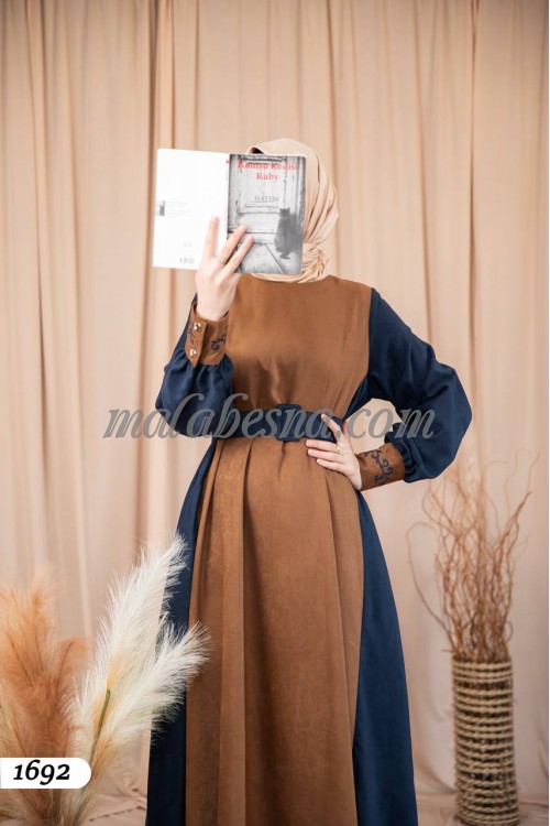 Dark Blue and brown  winter dress with belt and pockets