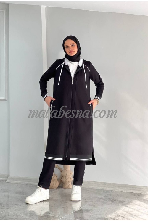 Black training suit with long black jacket with white line with hat