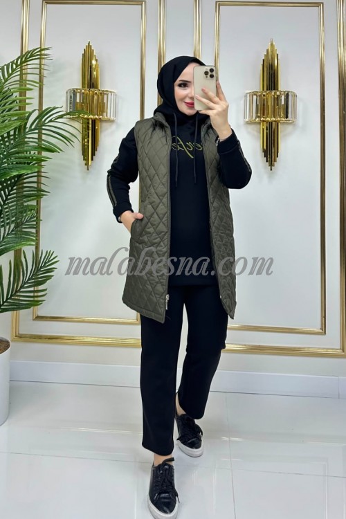 3 Pieces Black suit with oily green puff jacket and black trouser and shirt