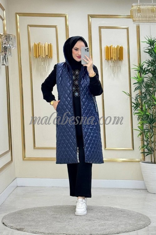 3 Pieces Dark Blue suit with puff jacket and black trouser and shirt