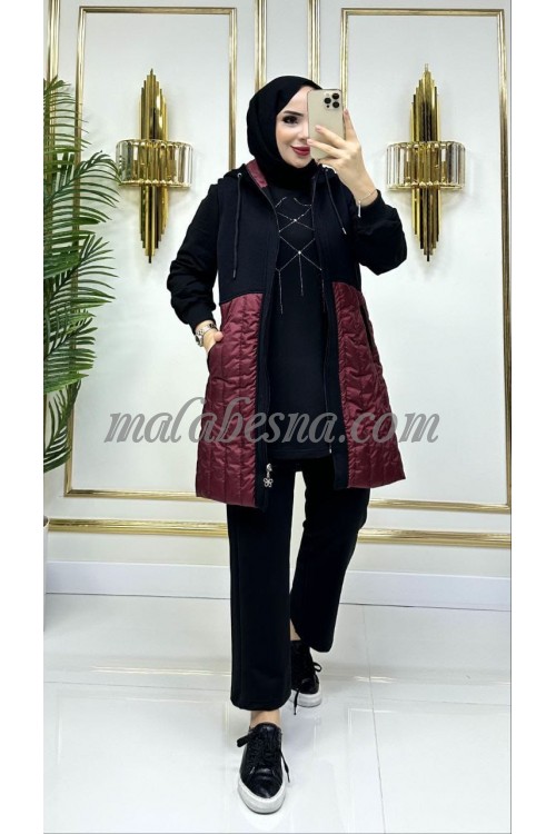 3 Pieces Black suit with Burgundy puff jacket and black trouser and shirt