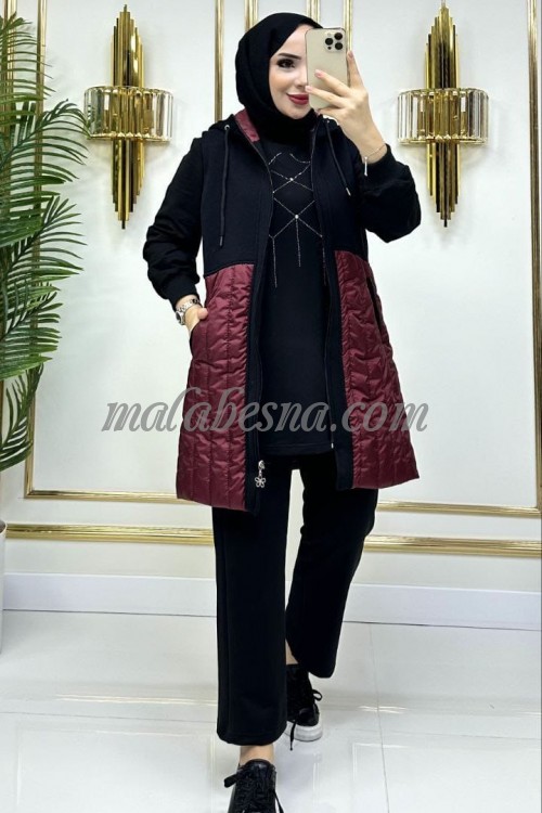 3 Pieces Black suit with Burgundy puff jacket and black trouser and shirt