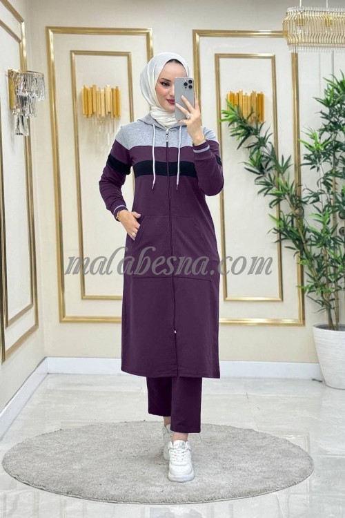 2 Pieces Purple suit with gray on top and side pockets and long jacket