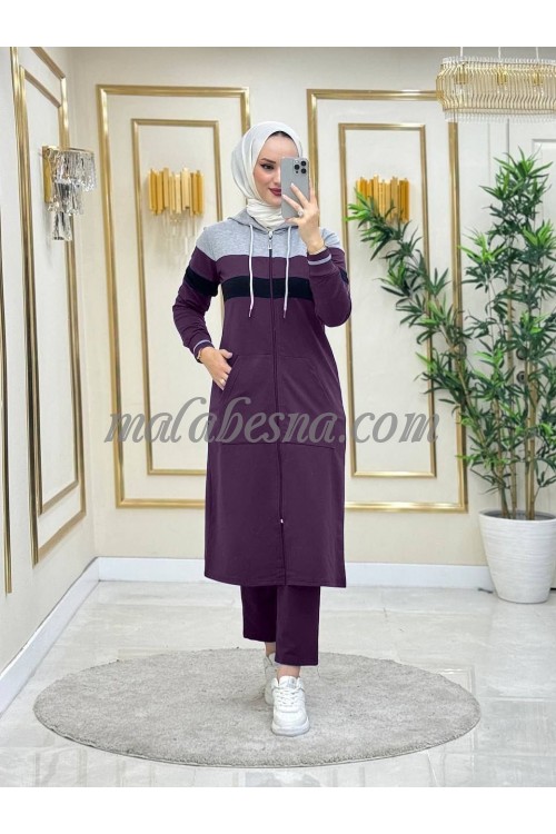 2 Pieces Purple suit with gray on top and side pockets and long jacket