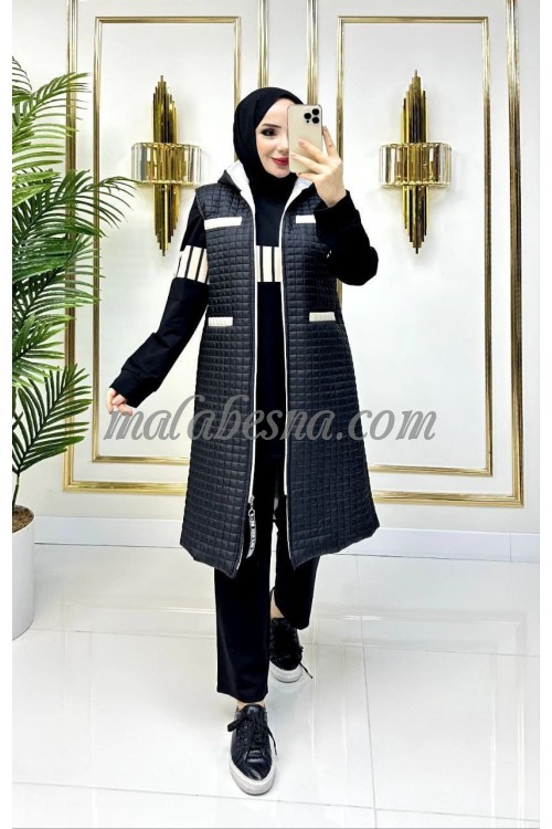 3 Pieces black suit with puff jacket and beige color on the jacket