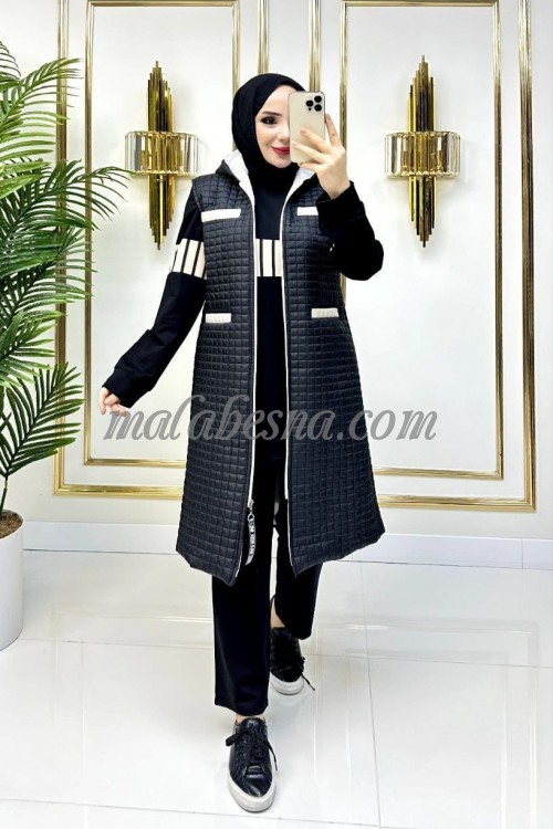 3 Pieces black suit with puff jacket and beige color on the jacket