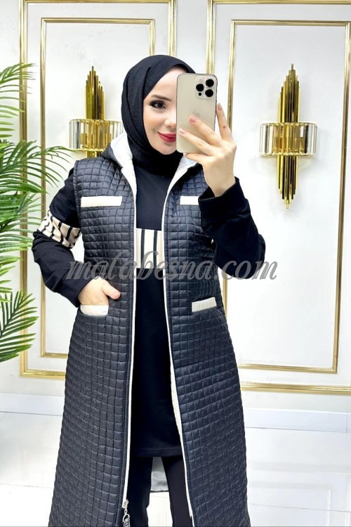 3 Pieces black suit with puff jacket and beige color on the jacket