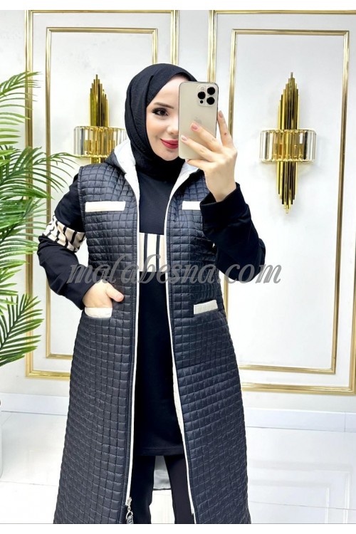 3 Pieces black suit with puff jacket and beige color on the jacket