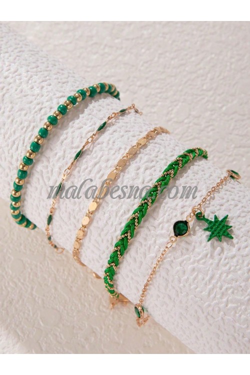 Multi layer strap anklet with golden and green color